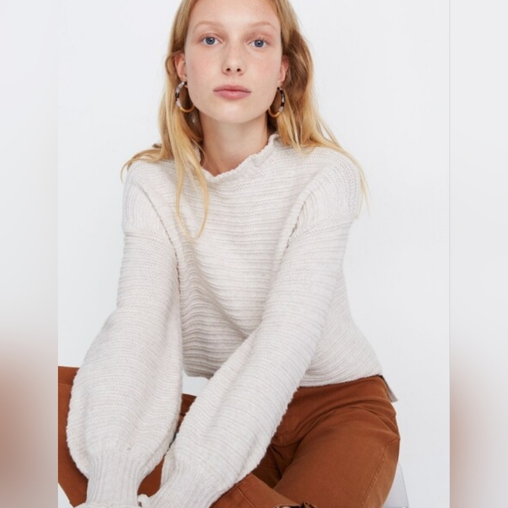 Madewell Ruffle-Neck Light Beige Sweater In Cotton-Merino Yarn, Size XS